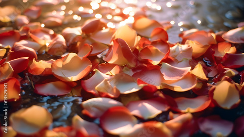 scattered pink rose petals, romantic background with rose petals on water surface with soft lighting, generative ai