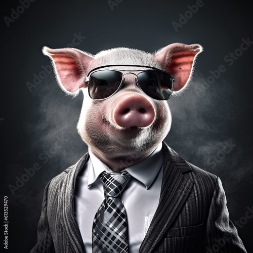 Slika na platnu Crafty and Corrupt: A Bad Politician Pig in a Suit and Sunglasses, Generative AI