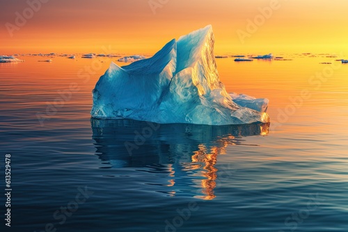 Frigid Beauty: Morning Light Illuminates a Sea of Orange and Blue Icebergs. Generative AI