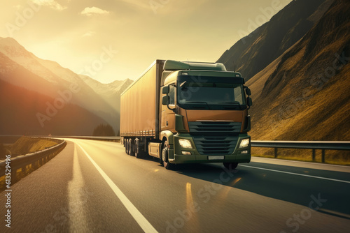 Low - angle shot of a cargo truck driving on a highway, capturing the power and scale of the vehicle. Generative AI