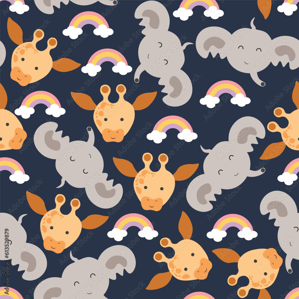 Obraz premium Vector seamless pattern with cute kawaii elephant and giraffe cartoon animals background childish