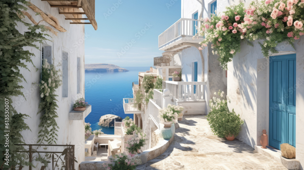 Mediterranean coastal houses whitewashed facades against azure waters