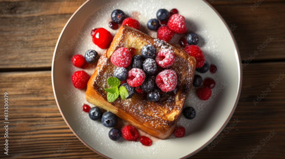 French toast in white plate with many berry fruits top down view French toast in white plate with many berry fruits top down view