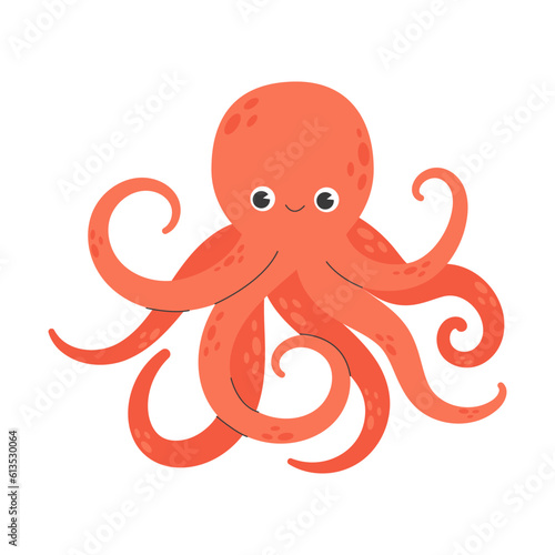 Cute smiling octopus isolated on white background. Funny underwater red animal with eight tentacles. Childish character. Colored flat cartoon vector illustration