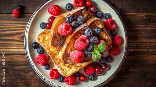 French toast in white plate with many berry fruits top down view