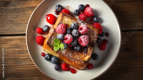 French toast in white plate with many berry fruits top down view