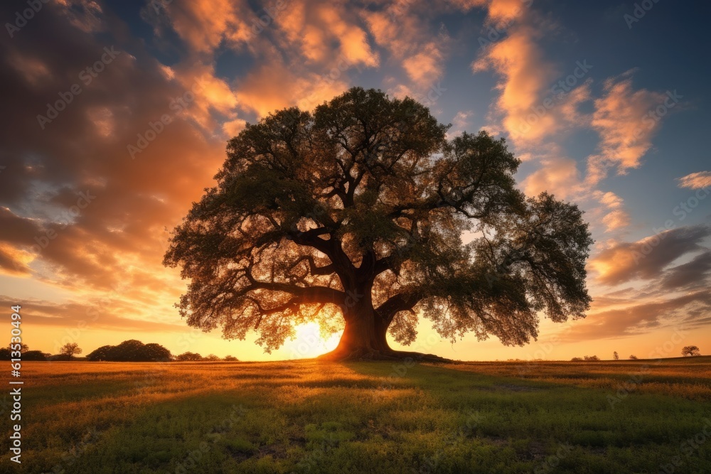 Fototapeta premium a majestic tree standing tall in the middle of a vibrant green field