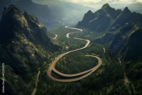 Aerial view of twisty road in the mountains Generative AI