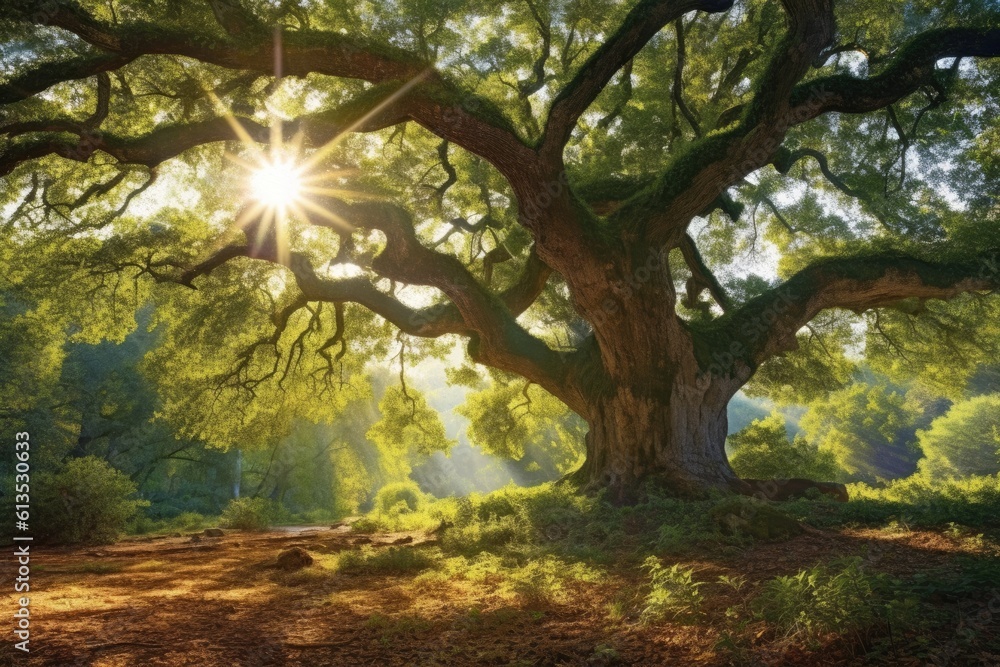 the sun shining through the branches of a majestic tree