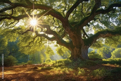 Obraz na płótnie the sun shining through the branches of a majestic tree w salonie