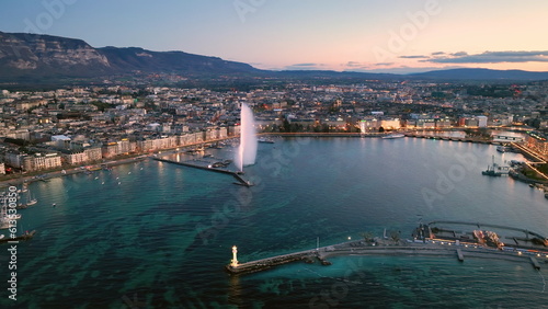 Aerial view at Geneva Water Fountain in Geneva Lake, Switzerland.