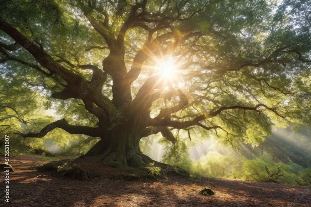 Fototapeta premium Illustration of sun rays filtering through the foliage of a majestic tree, Generative AI