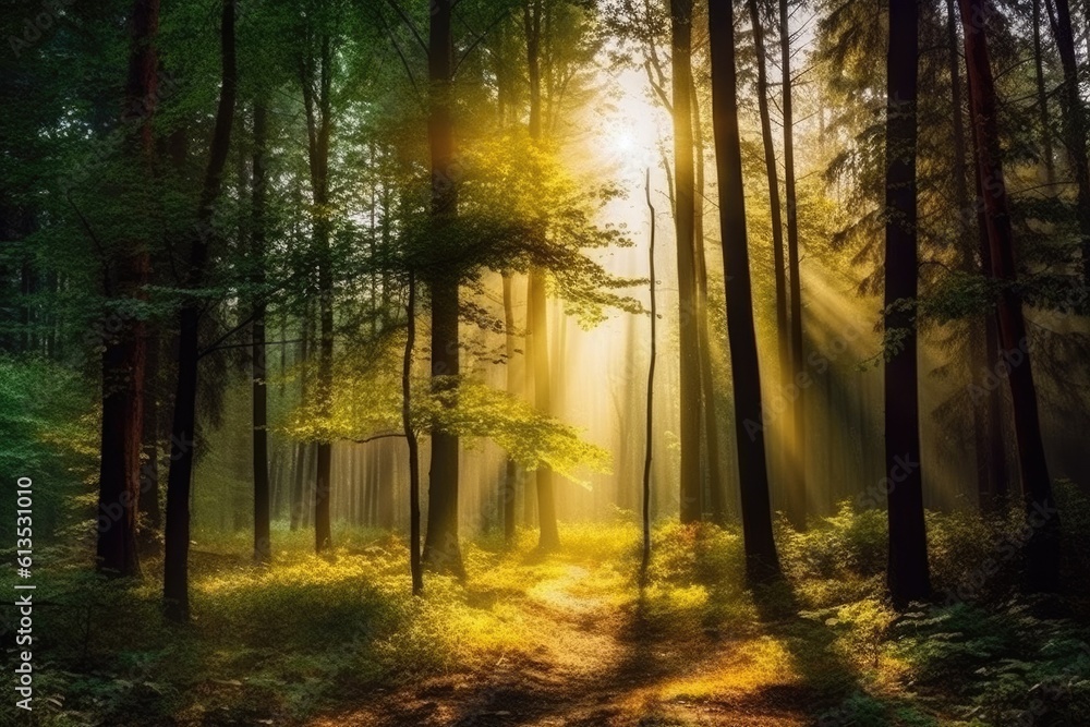 Illustration of a sunlit forest path with trees on either side, Generative AI
