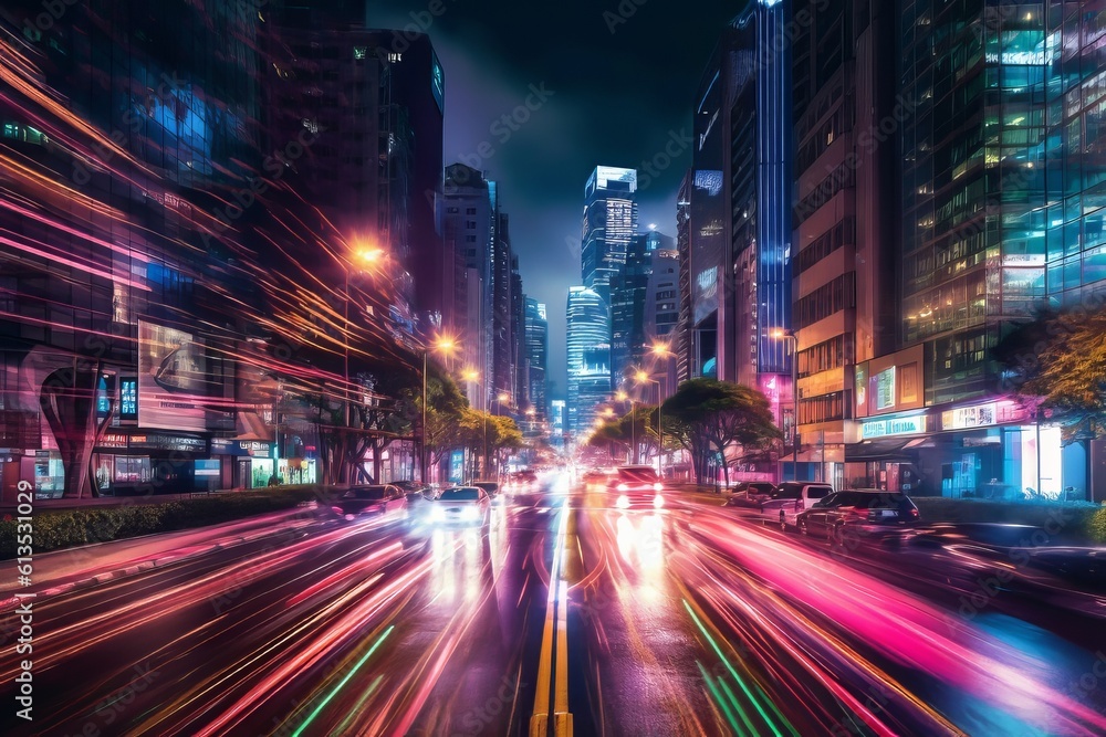 Nightscapes Unveiled: Captivating Light Trails amidst Towering Skyscrapers in the Enchanting City Night
