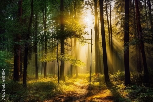 Illustration of a sunlit forest path with trees on either side  Generative AI