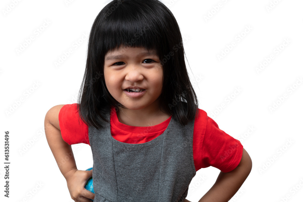 Portrait of happy and funny Asian child girl on white background, a child looking at camera hand gesture. Preschool kid dreaming fill with energy feeling healthy and good concept Portrait of happy and funny Asian child girl on white background, a child looking at camera hand gesture. Preschool kid dreaming fill with energy feeling healthy and good concept