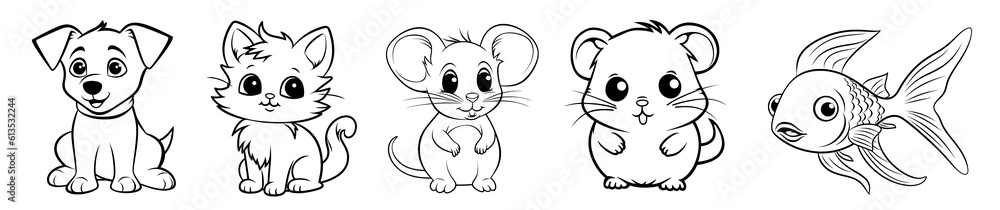 Fototapeta premium Pet animals - cute Dog puppy, Cat kitten, Mouse, Hamster and Fish, simple thick lines kids or children cartoon coloring book pages. Clean drawing can be vectorized to illustration. Generative AI