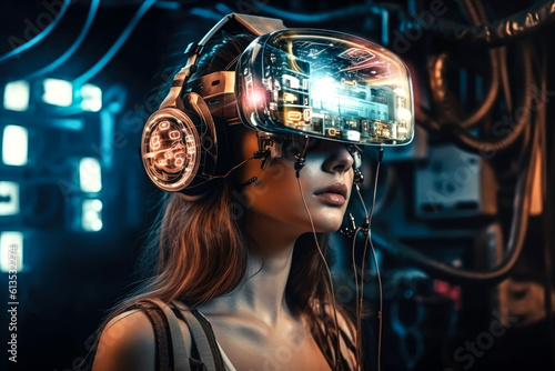 Girl uses virtual reality glasses to view the space in a VR game. Portrait of an attractive young woman with VR headset, an image of a great future with the help of modern technologies. Generative AI.
