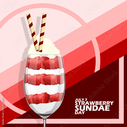 A glass of strawberry sundae with cream topping and chocolate wafer roll on red gradation line background to celebrate National Strawberry Sundae Day on July 7