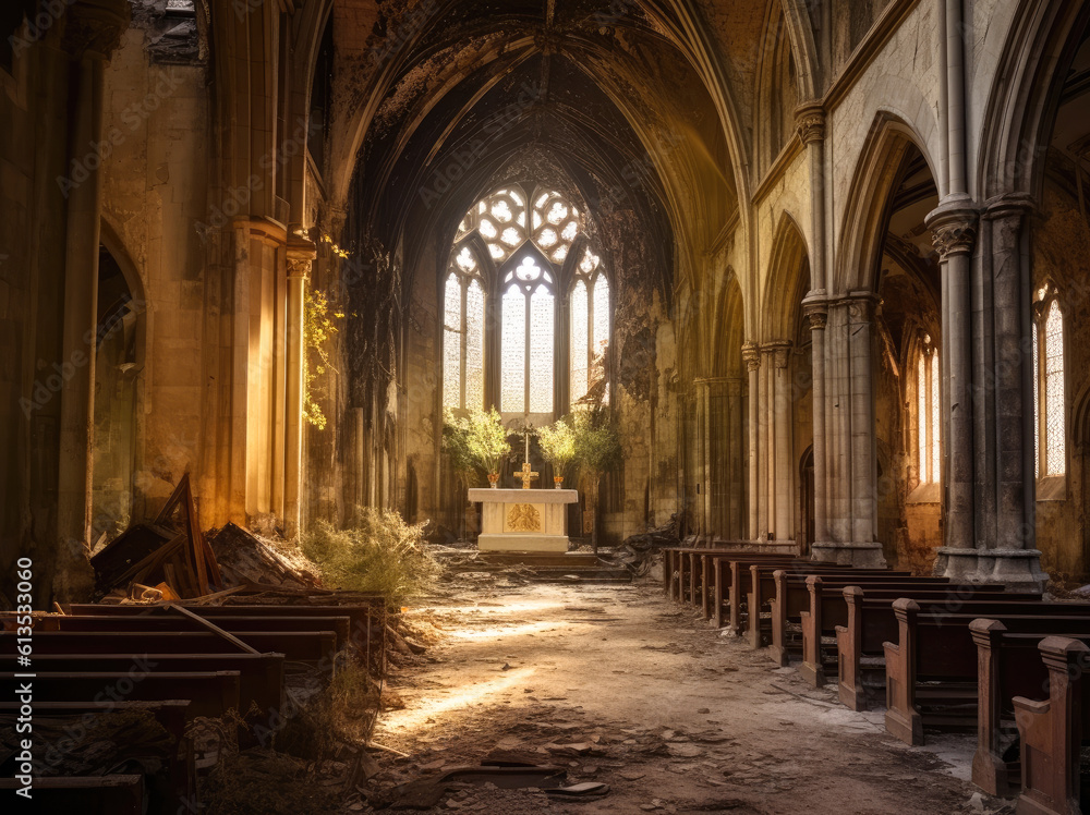 An abandoned and deteriorated church with pews