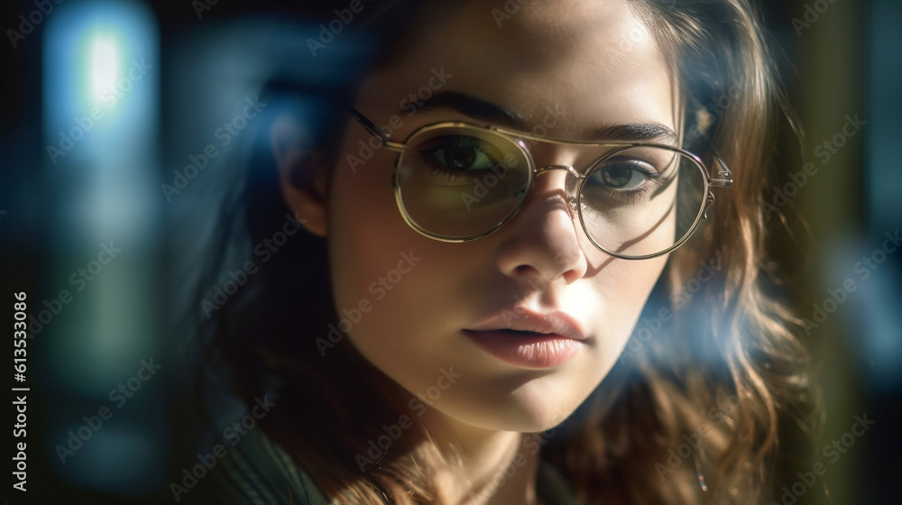 beautiful portrait of a young woman with modern hipster glasses - Generative AI beautiful portrait of a young woman with modern hipster glasses - Generative AI