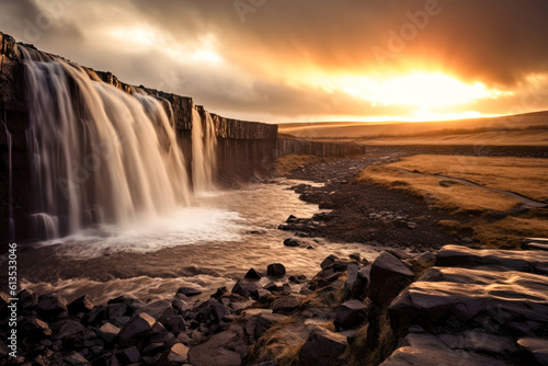 Waterfall in iceland at sunset