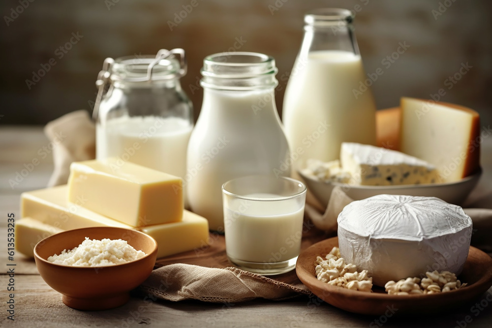 Generative AI - Different milk products in rustic style: cheese, milk, yogurt, cream, butter Generative AI - Different milk products in rustic style: cheese, milk, yogurt, cream, butter