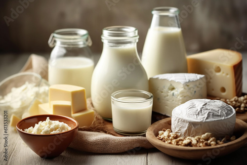 Fotografia Generative AI - Different milk products in rustic style: cheese, milk, yogurt, c