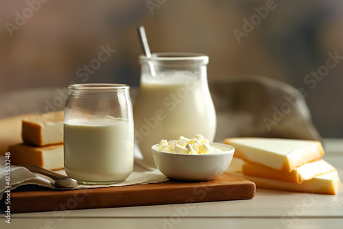 Generative AI - Different milk products in rustic style: cheese, milk, yogurt, cream, butter