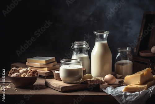 Generative AI - Different milk products in rustic style: cheese, milk, yogurt, cream, butter