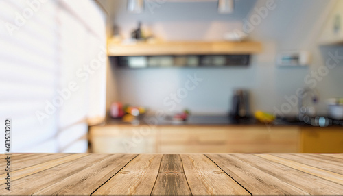 Empty tabletop over defocused kitchen with copy space background for Empty show for packaging product presentation, Wood table top on blur kitchen window background, montage product display or design,
