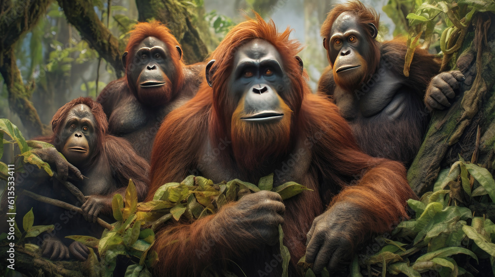 Family of wild orangutans in the jungle. Generative AI Family of wild orangutans in the jungle. Generative AI