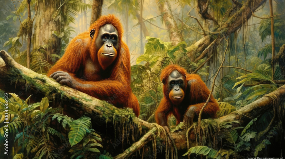 Obraz premium Family of wild orangutans in the jungle. Generative AI