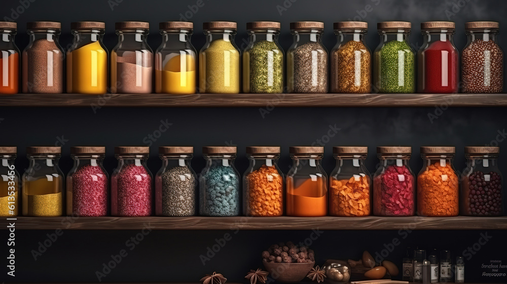 spices on shelf, Bright color. Generative Ai