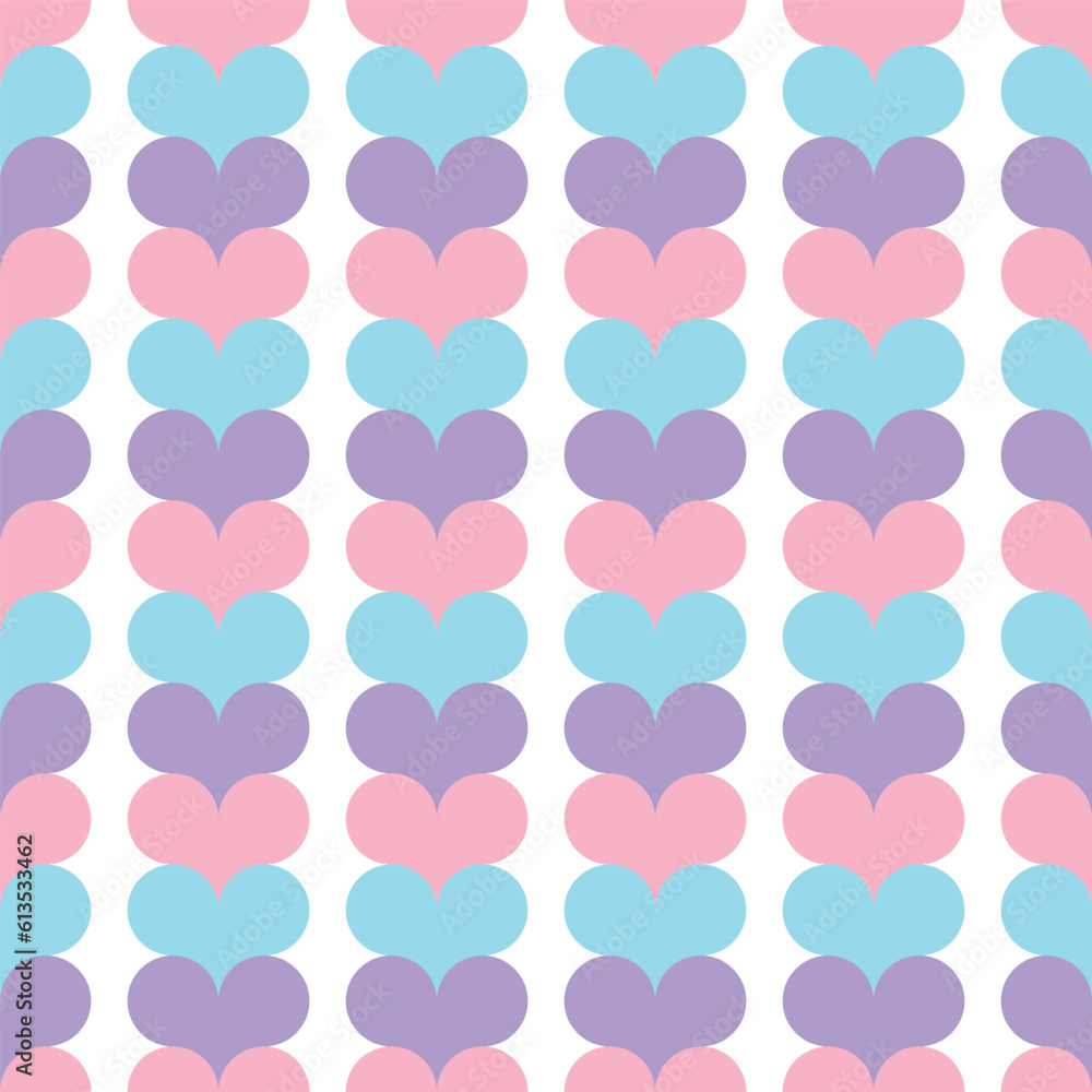 Pastel Pink Purple and Blue Heart Vertical Stripe  Seamless Vector Repeat Pattern