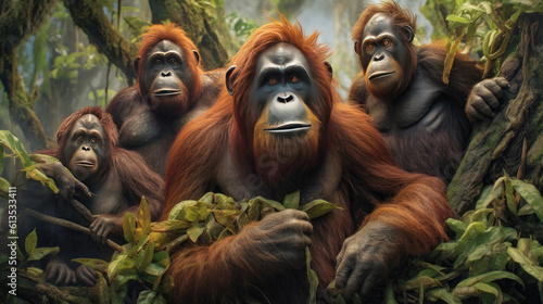 Family of wild orangutans in the jungle. Generative AI
