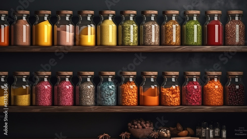 spices on shelf, Bright color. Generative Ai