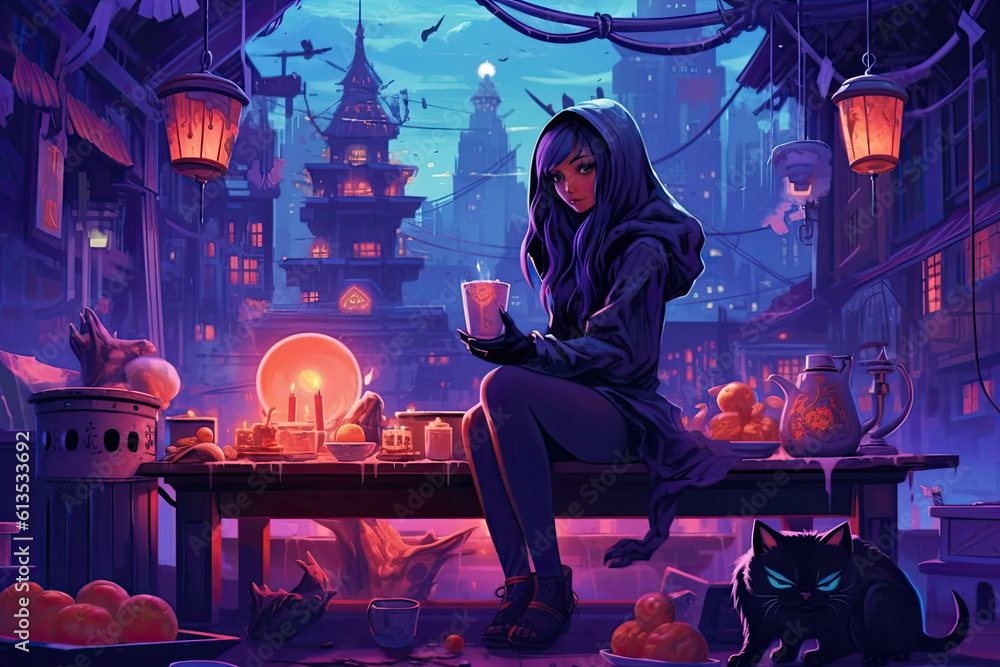 Naklejka premium Cartoon illustration of young witch with her candles, cat, pumpkin in a neon furutist landscape