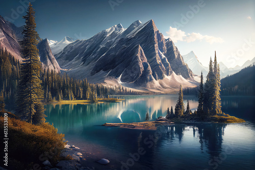 Canada landscape with mountains and lake. Generative AI Art. Beautiful view. © Sci-Fi Agent