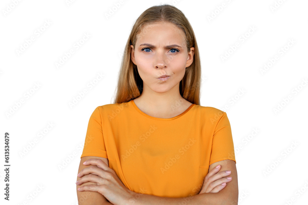 Portrait of a beautiful confused young blonde woman standing isolated on a transparent background Portrait of a beautiful confused young blonde woman standing isolated on a transparent background