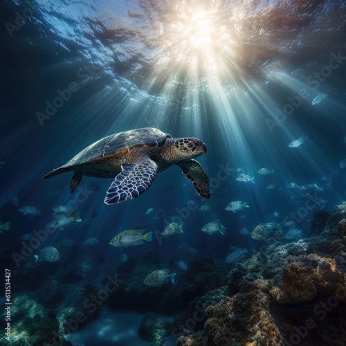 Illustration of a sea turtle swimming amidst a school of fish in the ocean, Generative AI