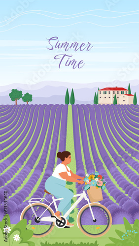 Chubby Attractive Woman riding bike on Lavender field landscape. Vector illustration in flat style