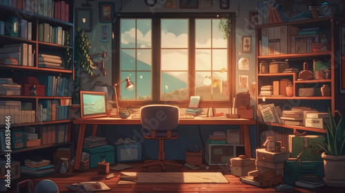 Lofi empty interior. Messy desk, window view of a forest, jungle. Anime, manga style. Colorful study lo-fi desk. Cozy chill vibe. Generative ai. © Aiakos