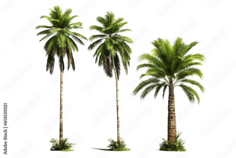 Fototapeta premium Palm trees isolated on transparent background, tropical palm tree over white background, foliage design. generative ai
