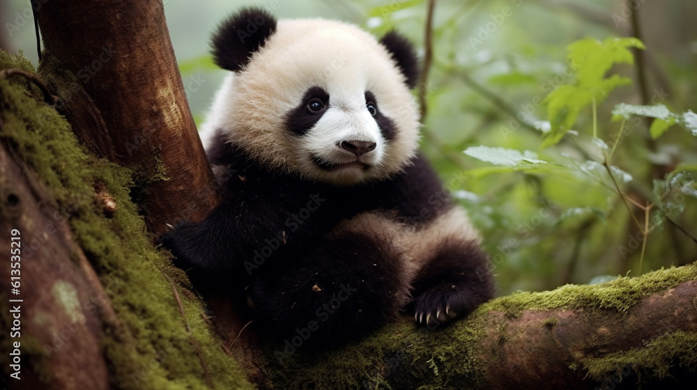 Obraz premium Cute panda in the jungle. Ai generative.