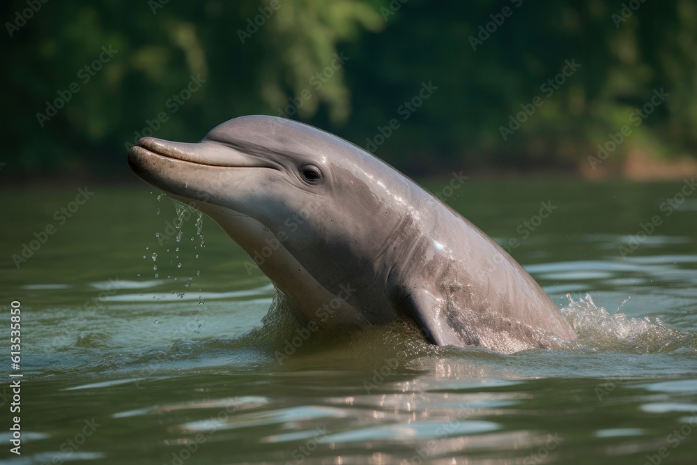 Fototapeta premium Dolphin in the river jumping out of the water. pink dolphin