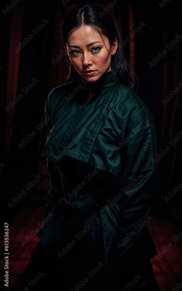 photo of beautiful woman in black ninja outfit assassin killer, generative AI