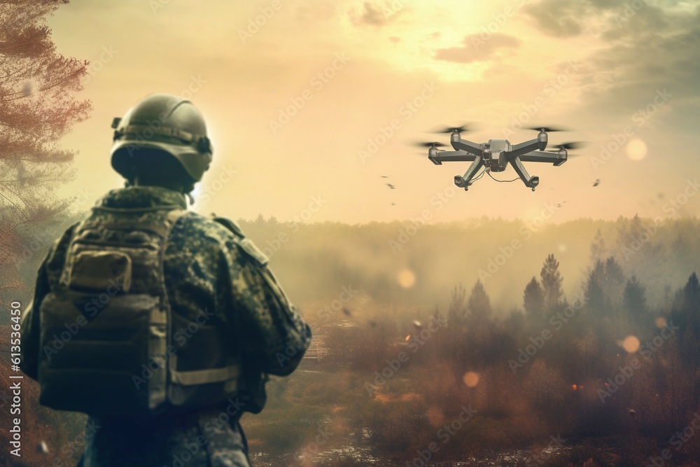 Military soldier controls drone for reconnaissance operation of enemy positions. Concept using quadrocopters in smart war. Military soldier controls drone for reconnaissance operation of enemy positions. Concept using quadrocopters in smart war.