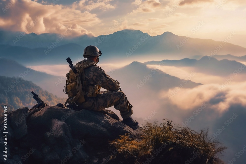 Soldier sitting relaxed on the top mountain. Soldier sitting relaxed on the top mountain.