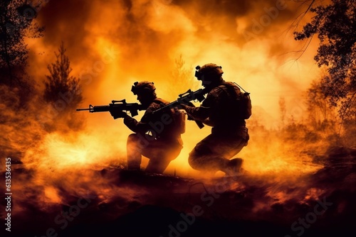 Black silhouettes of pair of soldiers in the smoke fire burning moving in battle operation. Back light